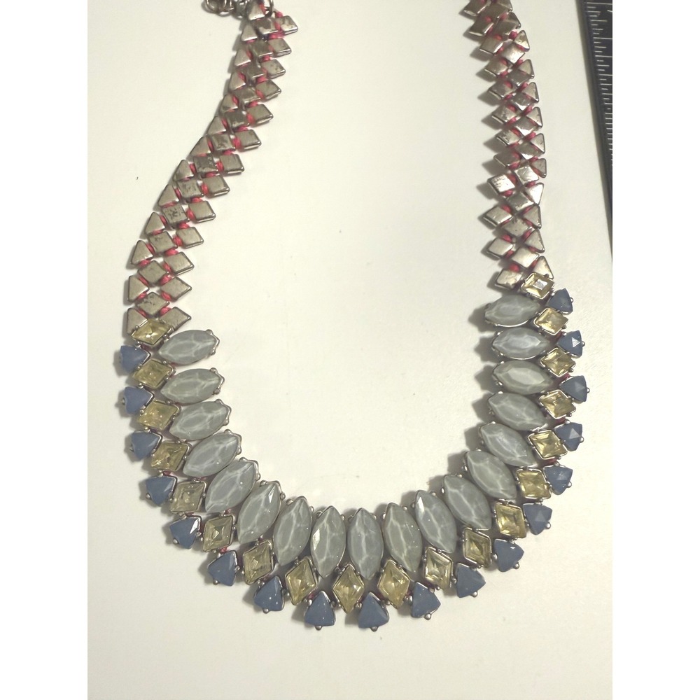 Stella & Dot Statement Necklace Grey Yellow Blue Stone Pink Cord Bib Silver Tone